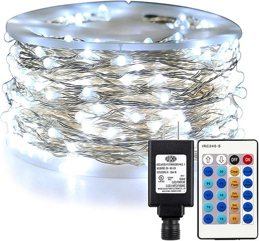 RUICHEN Cool White Dimmable Fairy Lights Plug in, Super Long 165 Ft 500 LED Twinkle String Lights with Remote, Waterproof Silver Wire Firefly Lights for Christmas Wedding Party Bedroom Patio Garden