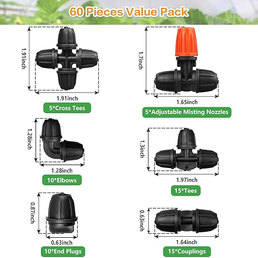 Upgraded 1/4" Drip Irrigation Fittings：60 Pieces Set-15 Couplings 15 Tees 5 Crosses 10 Elbows 10 End Plugs 5 Micro Dripper, Leak Free Barbed Locked Connectors for 1/4 Inch Irrigation Tubing
