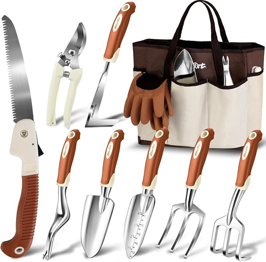 Garden Tool Set,10 Pcs Heavy Duty Gardening Hand Tool Kit for Women Aluminum with Non Slip Ergonomic Handle, Storage Tote Bag and Gardening Gloves, Ideal Gifts for Women and Men