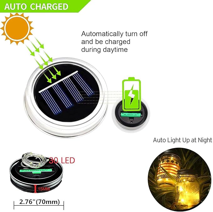 ZNYCYE Solar Mason Jar Lights 12 Pack 30 Led Fairy Lights Mason Jar Lids with Hanger (Jars Not Included) Best for Mason Jar Outdoor Christmas Decor for Patio Garden Yard and Lawn(Warm White)