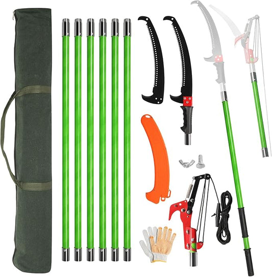 Outvita Manual Pole Saw, 26 Feet Extendable Tree Pruner with Knives and Storage Pocket, Sharp Steel Blade and Scissors High Branches Trimming for Pruning Palms and Shrubs