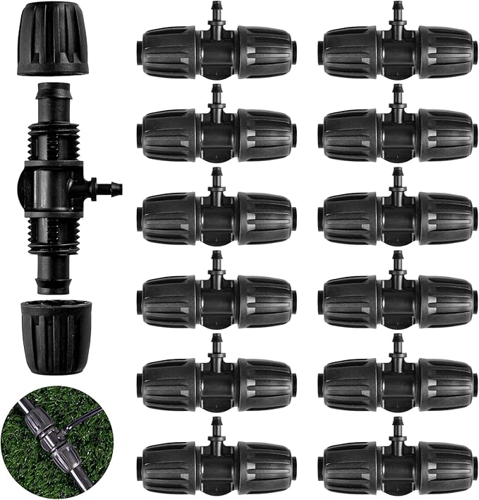 12PCS Barbed Tee 1/2 Inch To 1/4 Inch Irrigation Tubing Fittings, 1/2In (0.63"OD) 16mm to 1/4In Irrigation Tubing Anti-Drop Locked 3 Way Connectors for Drip Irrigation Hose (13mm ID / 4mm ID)