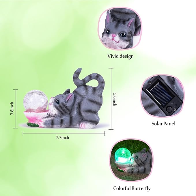 HUYIENO Solar Garden Statue Outdoor Cat Decor Figurine Lights Waterproof Garden Decor with Solar Crackled Ball Lights Housewarming Gifts for Yard,Patio,Lawn