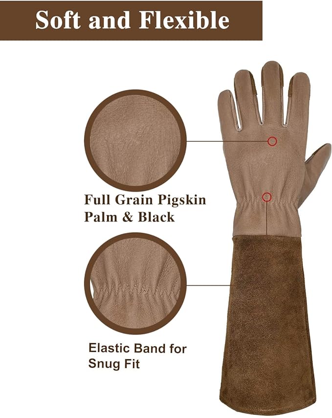 HANDLANDY Long Gardening Gloves for Men & Women, Cowhide Leather Rose Pruning Gloves- Breathable & Durable Gauntlet Gloves (Small, Brown)
