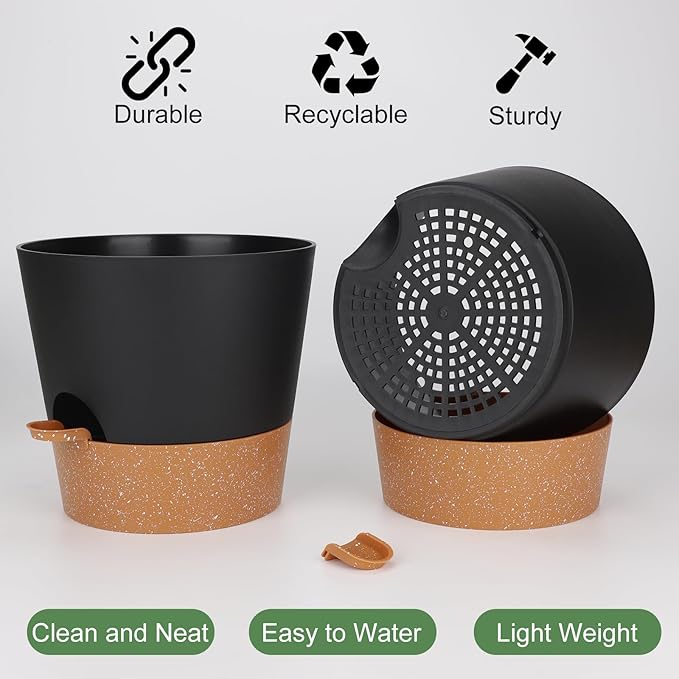 10-Inch Plant Pots, Self-Watering Planters with Drainage Holes & Saucers for Indoor and Outdoor Plants (2-Pack, Black)
