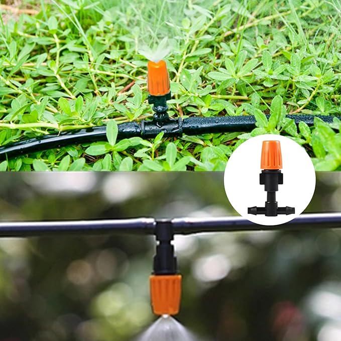 Three-Way Atomizing Nozzle 1/4 Inch, 50 Pcs Adjustable Micro Spray Irrigation Emitters, Drip Irrigation Parts Accessories for Patio Lawn Greenhouse Vegetable Irrigation Supplies