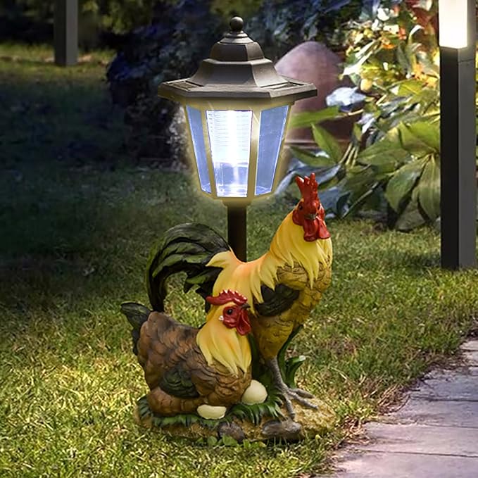 Solar Garden Outdoor Statues Rooster Hen Couple with Light, Outside-Outdoor Decorations Chicken Sculptures for Patio Yard Lawn Walkway Ornaments Clearance Gifts for Mom Grandma Birthday
