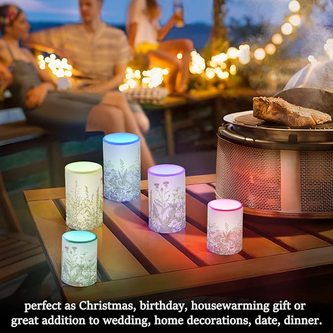 Flickering Flameless Candles, Flowers Herbs Wildflowers Botanical LED Candles with Remote Timer, Set of 2 Battery Operated Candle for Valentine Wedding Birthday