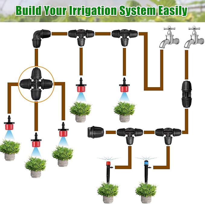 JAYEE Drip Irrigation Fittings 1/4 Inch, 25 Pcs Lock Barbed 4 Way Cross for ¼ in. tubing, Drip Line Connectors Couplings Irrigation Parts for Drip Sprinkler Garden Lawn Watering Systems, Black