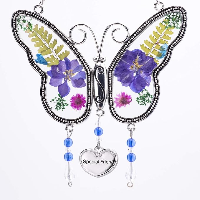 Laraine Butterfly Suncatcher with Pressed Flower Wings Mom Mother's Day Butterfly Glass Wind Chime Ornament Charm with Metal Heart Gifts for Mom Grandma Aunt Birthday (Purple Friend (with Free Hook))