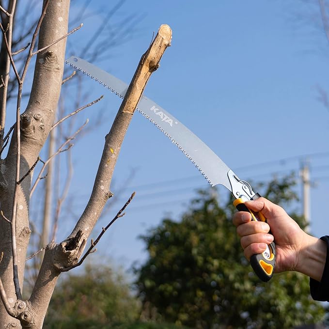 KATA 13.7 Inch Hand Pruning Saw Set, SK5 Curved and Straight Saw Blade in Oxford Safety Sheath, Survial Camping Hand Saw for Tree Trimming, Gardening, Wood Cutting