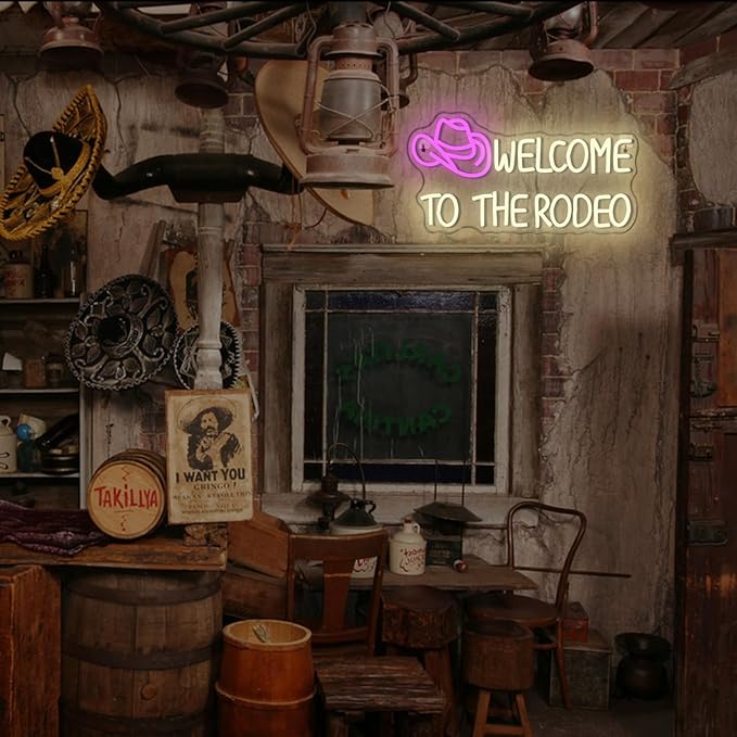 WLHOPE Welcome to The Rodeo Neon Sign Cowboy Hat Neon Sign Led Sign,Dimmable Cowgirl Neon Signs for Wall Decor,Connectivity Via USB Licked Neon Light for Bedroom Home Bar Club Party Western Decor