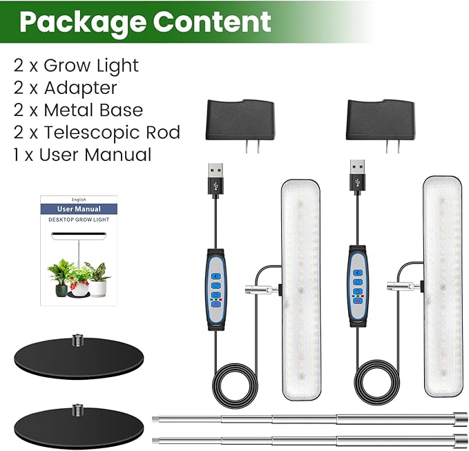 Grow Light, Full Spectrum Desktop Plant Lights for Indoor Growing 2 Pack Black, Large Area Lighting LED Grow Lights with Base, Height Adjustable 7.8 to 26 Inch Plant Lamp with 6/12/16H Timer
