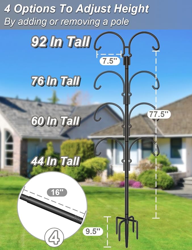 Outdoor Double Shepherds Hook with 5 Prong Base, 92 Inch Adjustable Heavy Duty Two Sided Bird Feeder Pole Stand for Hanging Plant Baskets, Solar Light Lanterns, Hummingbird Feeder, 1 Pack