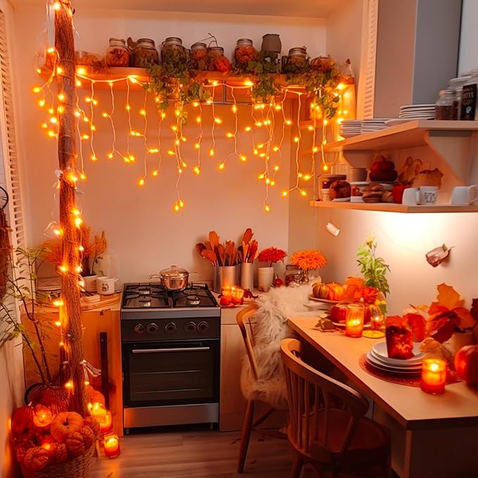 JMEXSUSS 800 LED Thanksgiving Icicle Lights for Outside, Orange Icicle Lights Outdoor with Remote, Thanksgiving String Lights Indoor Plug in for Fireplace Indoor House Roof Thanksgiving Decor