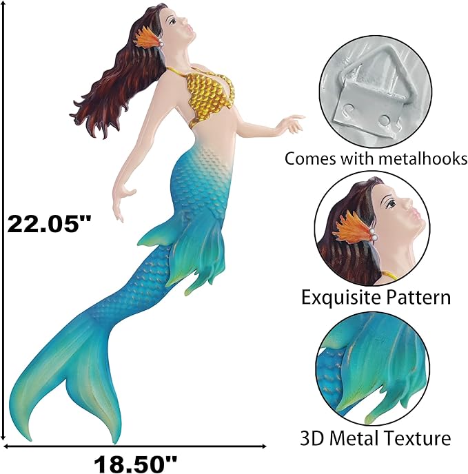 John's Studio Metal Mermaid Sea Wall Decor Outdoor Garden Hanging Art Sculptures Home Ocean Theme Decorations for Kitchen Bathroom and Pool - 14.9Inches