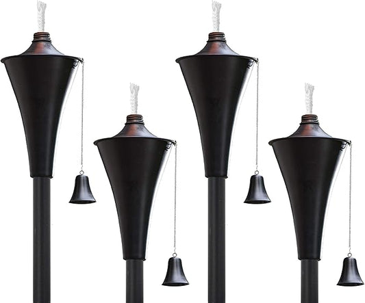 Set of 4, Oahu Premium Metal Patio Torches, 53" Tall- Tiki Style/w Snuffer, Fiberglass Wick & Large 16oz Oil Lamp for Deck, Patio, Lawn, Garden, Luau (Smooth Black)