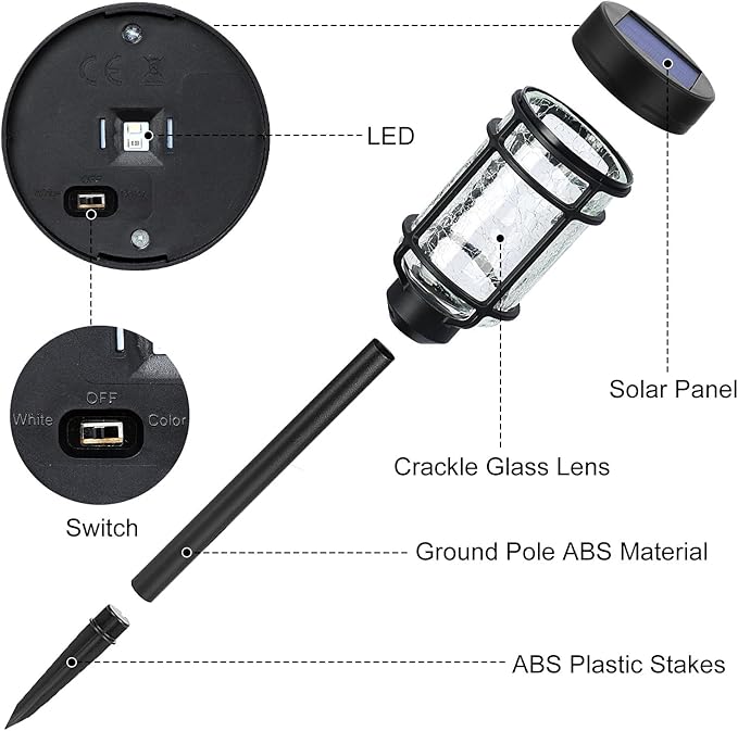 Solar Pathway Lights 2 Pack, Color Changing+Warm White LED Solar Lights Outdoor, Waterproof Lighted Crackle Glass Stake for Garden Path Walkway Backyard Lawn Landscape Decoration