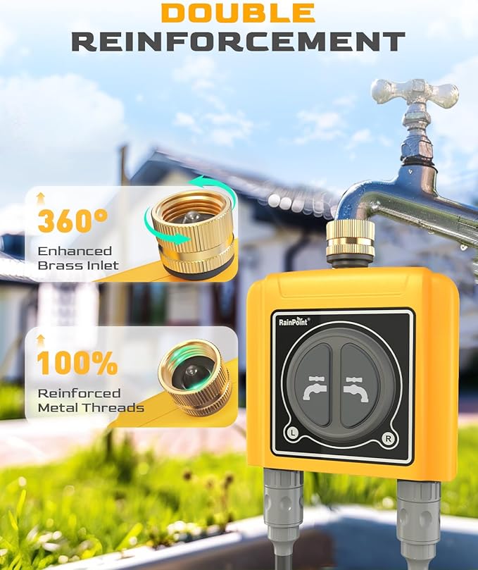 RAINPOINT Sprinkler Timer WiFi Water Timer with Brass Inlet, 2 Outlets Smart Hose Timer,Automatic Irrigation System Controller, APP & Voice Control, Irrigation by Weather/Quantity/Soil Moisture