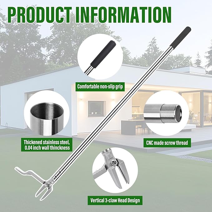 Stand up Weed Puller with 3 Claw Head, 45.6" Long Handle Weed Puller Tool Stand up Heavy Duty, Detachable Weed Remover Tool, No Need Bending Kneeling Weeding Tool for Lawn Yard Garden