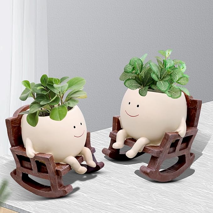 Smile Face Rocking Chair Planter Pot for Indoor Outdoor Plants, Unique Sit Rocking Chair Succulent Flower Pots, Cute Head Planters with Drainage Hole - Gift IdeaI for Mother and Grandma