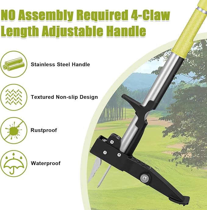 4-Claw Weed Puller Tool All-in-one with Long Handle Adjustable 39" to 47",Stand Up Weed Puller Tool for Yard, Gardening Weeding Tool Stainless Steel Claws, (No Assembly)
