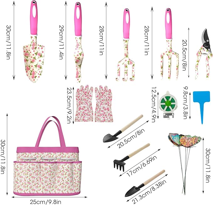 Gardening Tools for Women, 26 Pieces Garden Tools Set, Gardening Gift Set with Storage Bag, Gloves,Gardening Supplies- Butterfly Decors and Colorful Planting Tags Included