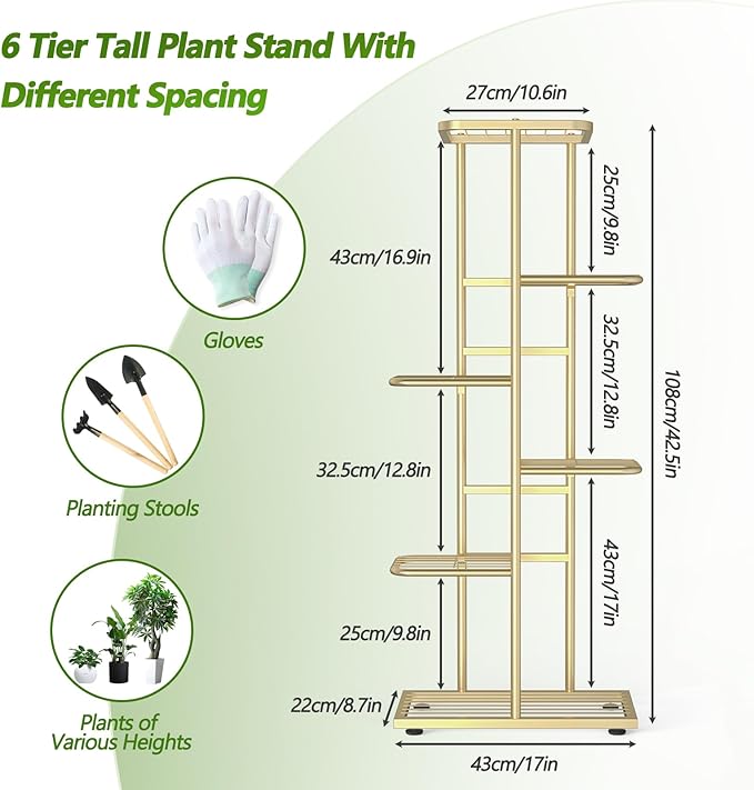 6 Tier 7 Potted Gold Plant Stand Indoor Outdoor with Gardening Tools and Gloves, Upgraded Corner Metal Plant Rack Shelf for Multiple Plants, Tall Flower Pot Holder Display for Patio, Balcony,