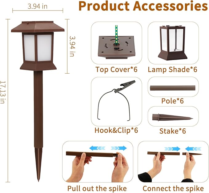 Solar Pathway Lights Outdoor with Flickering Flame, IP65 Waterproof, 6PK Solar Flame Lights with Hook, Upgraded 1000mAH Battery, Up to 12Hrs, Auto On/Off, Decor for Garden, Walkway