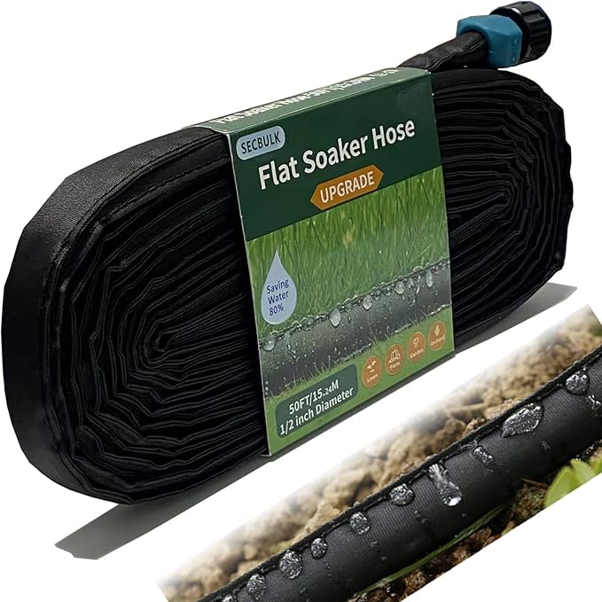 Flat Soaker Hose for Garden Beds 10 25 50 75 ft, 50" Short Linkable Drip Irrigation Hose Save 80% Water, Leakproof Watering Hose with Holes