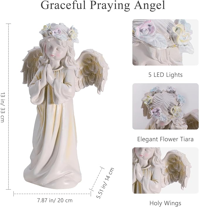 Angel Garden Statue,Memory Guardian Solar Garden Decor with Warm Light,Waterproof Outdoor Garden Decor Praying Angel Figurine Sculpture for Lawn Yard Patio,Sympathy Gift,White