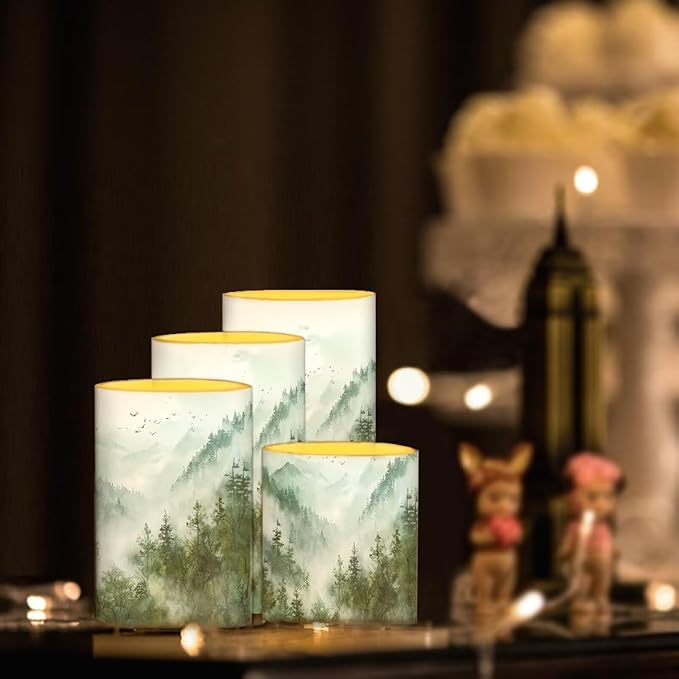 LED Flameless Candles Set Battery Operated Candles Pack of 4 with Remote Control Timer Dancing Flame Pillar Candles for Indoor Home Desktop Decoration, Mountain Tree Green
