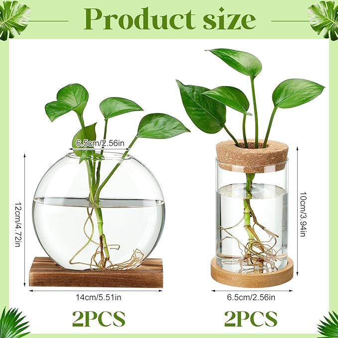 Layhit 4 Pcs Plants Propagation Stations Separated Desktop Plant Terrarium Glass Planter Vase with Wooden Lid and Bamboo Stand for Growing Hydroponic Home Office Tabletop Decoration (Novelty Style)