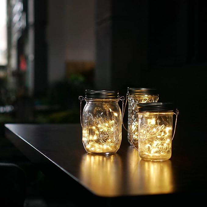 Decorman Solar Mason Jar Lights, 12 Pack 30 LED Fairy Star Firefly String Lids Lights with 12 Hangers for Patio Yard Garden Party Wedding Christmas Decoration(Jars Not Included)