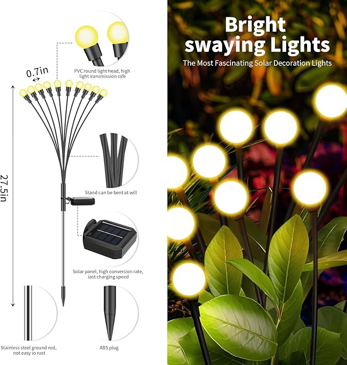 Solar Lights Outdoor (2 Pack-20 LEDs)，Waterproof Garden Fairy Swaying Firefly Lights ，Gifts for Outdoor Decorations，Suitable for Patio, terraces, lawns and Paths