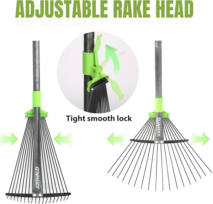 JOYHALO 63.4 inch Rake for Leaves - Adjustable, 18 Tines Metal Garden Rake with Detachable Handle, Lightweight Leaf Rakes for Gardening and Flower Bed