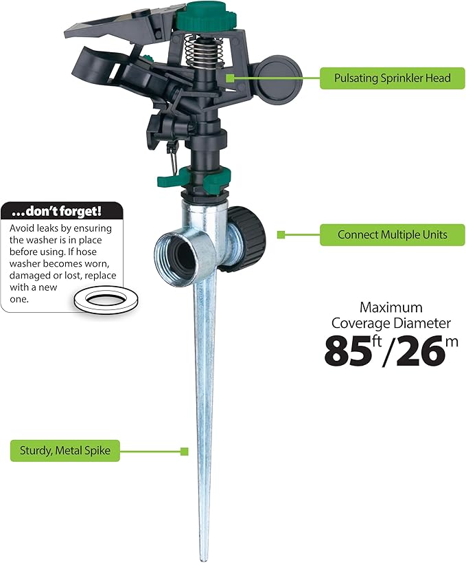 Melnor 65152AMZ Plastic Pulsating Sprinkler on Metal Spike, Quick Connect Amazon Bundle, Black, Green