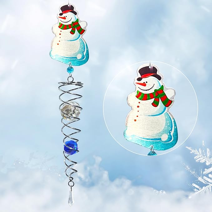 FONMY Snowman Gazing Ball Spiral Decorative Wind Spinner Sun Catcher Rainbow Maker Silver Spiral W/ K9 Crystal Ball Christmas Tree Hanging Ornament Indoor Outdoor Garden Decor. -22 inch H