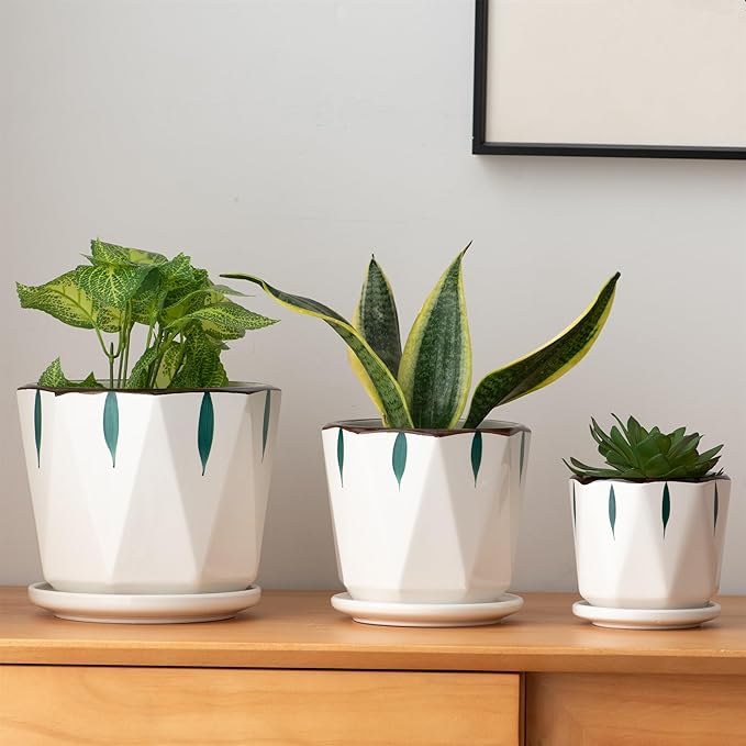 7 5 4 inch Plant Pots for Indoor, Hand Painting Ceramic Flower Planter Outdoor Set of 3 with Drainage and Saucer, Succulent Pots for Mom Family