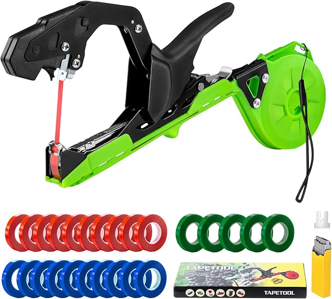 GROWNEER Upgraded Plant Tying Machine, Garden Tape Tool with 25 Rolls Tapes and 10000pcs Staples, Lightweight Plant Tape Gun Tying Tape Tool to Tie Up Vine Tomatoes Grapes Vegetables Garden, Green