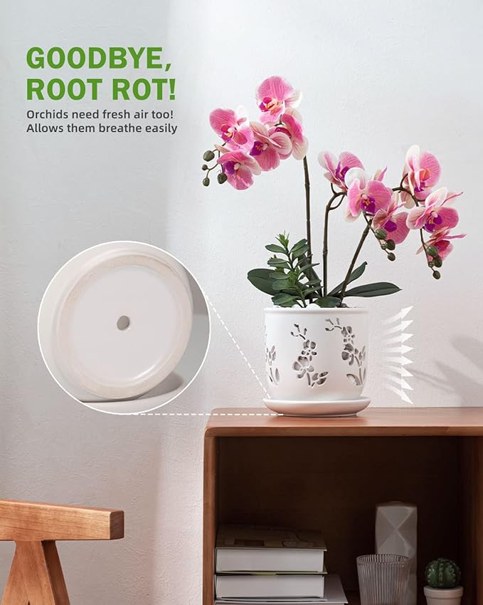 Orchid Pot, 6.5 inch Large Orchid Pots with Holes for Healthy Growth and Easy Repotting, Premium Ceramic Orchid Planter for Indoor and Outdoor Use, Perfect Home for Your Orchids to Thrive