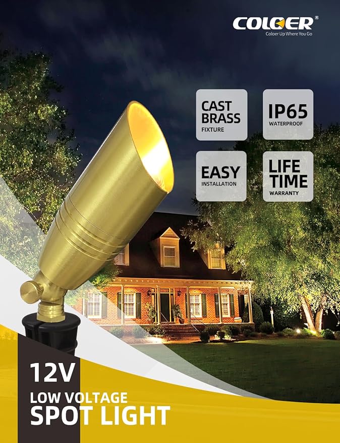COLOER Die-cast Brass Landscape Spotlight 6-Pack with 5W Aluminum Housing LED MR16 Bulb,12V AC/DC Low Voltage Copper Outdoor Lighting, Directional Garden Patio Spot Up Light (102B Brass Finish)