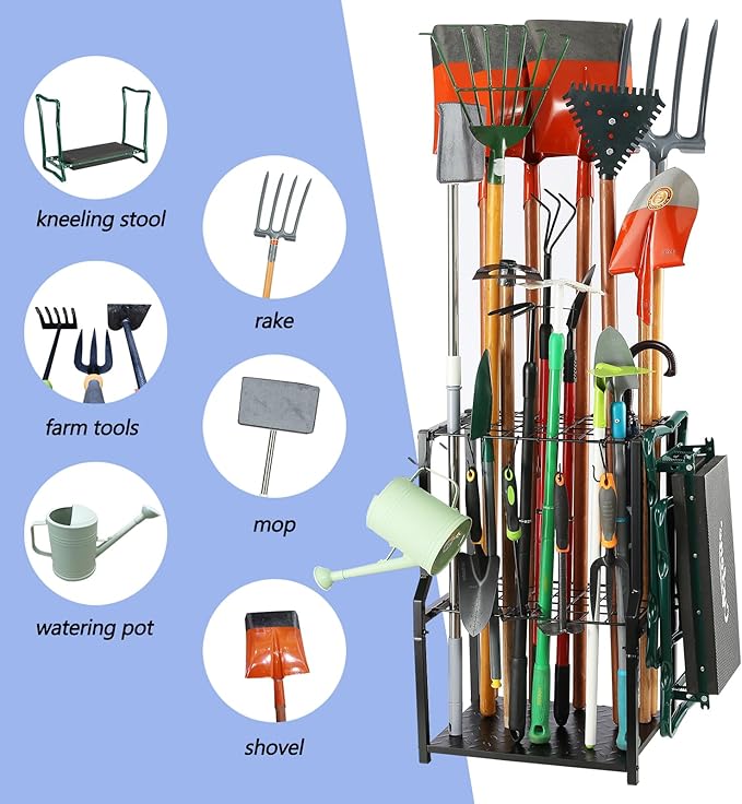 Garden Tool Organizer,Garage Organization Heavy Duty,Yard Tool Organizer for Garage,Garden Tool Rack,Tool Stand,Broom Holder,Garage Storage System for Lawn,Shed,Outdoor,Free Standing.