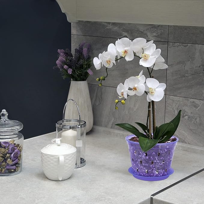 Orchid Pot, 6.7 Inch 8 Pack Orchid Pots with Holes and Saucers,Plastic Orchid Planter - Purple Amethyst