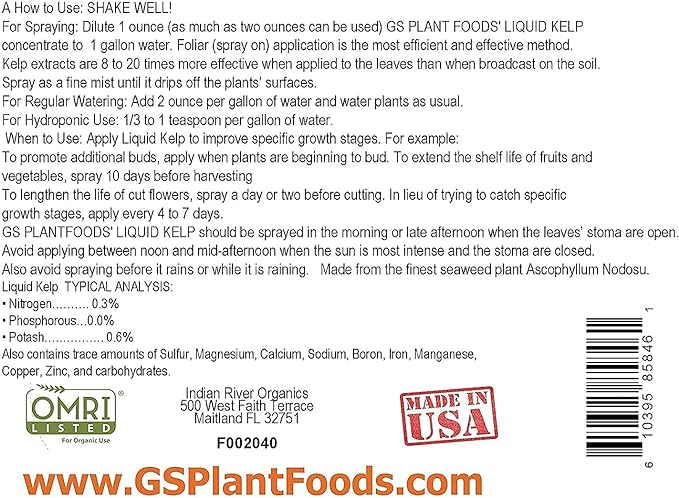 Organic Kelp Fertilizer by GS Plant Foods - Omri Listed(1 Gallon) - Liquid Kelp Concentrate for Gardens, Lawns & Soil Yields 800+ gallons