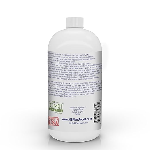 GS Plant Foods Organic Liquid Fish 36 oz Hydrolyzed Fish Fertilizer for Plants- Liquid Fertilizer for Vegetables, Trees, Lawns, Shrubs, Flowers, Seeds & Plants - 1 Quart