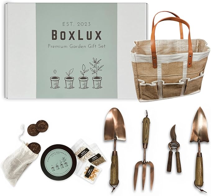 Premium Gardening Tools Gift Set, Over 1,700 Non GMO Vegetable Seeds, Copper Steel Tools for Planting, Garden Tool Kit for Women with Handbag and Coco Coir Soil Pellets, Birthday Gift Box