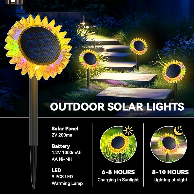 Outdoor Solar Lights, 2 Pack Led Solar Sunflower Lights, Stake/Wall 2-in-1 Waterproof Solar Garden Lights for Yard, Landscape, Fence, Patio, Driveway, Pathway, Backyard Decoration (Colourful)