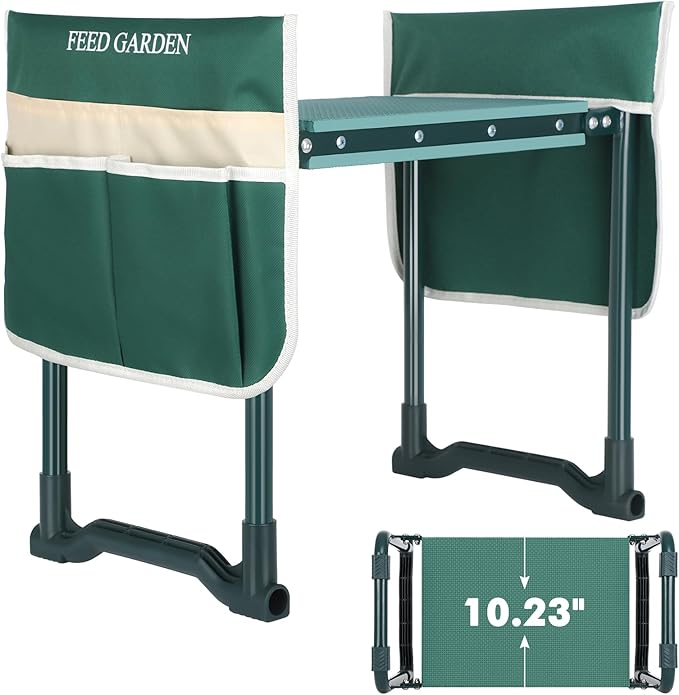 FEED GARDEN Garden Kneeler and Seat, Garden Stool with 10" Wide Soft Kneeling Pad, Heavy Duty Gardening Bench Chair with 2 Tool Pouches, Gardening Gifts for Women Seniors Women Mom Men, Green