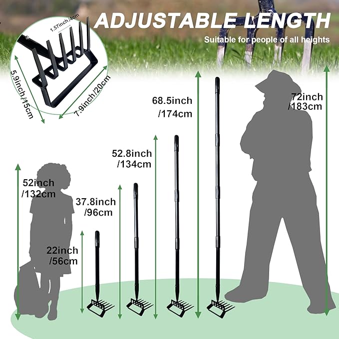 6-Tines Rake and Stirrup Hoe - Adjustable Long Handle Scuffle Loop Hula Action Hoe for Weeding, Digging, Loosening Soil, Stainless Steel Tiller Cultivator for Gardening, Raised Flower Beds Planting.